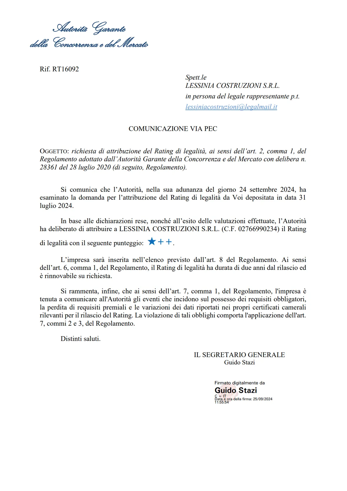 Richiesta di attribuzione di Rating di legalità